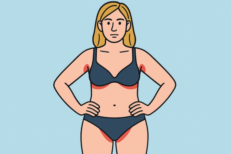 Illustratie van een blonde vrouw in bh en slipje met smetten.