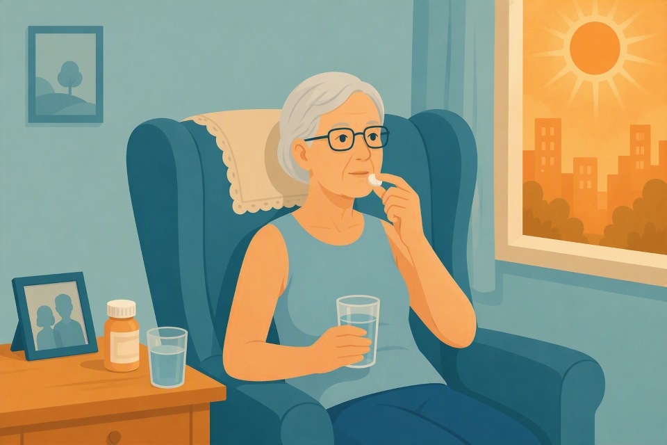 Illustratie van een oudere grijze vrouw in een leunsteul die bij hitte een pil inneemt. Dehydratie kan een bijwerking zijn.