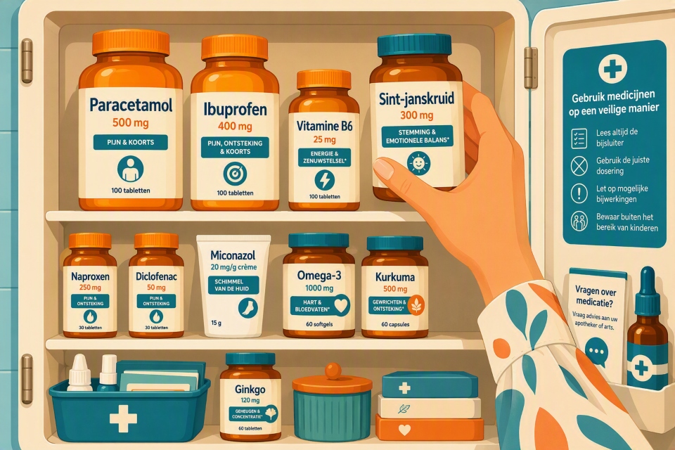 Illustratie van een vrouw die uit een medicijnkastje zelfzorgmiddelen pakt.