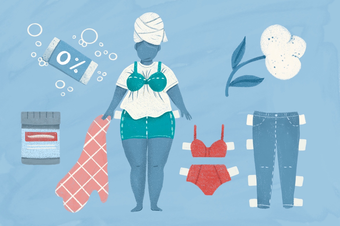 Blauwe illustratie van een vrouw met smetten die een t-shirt onder haar bh draagt.