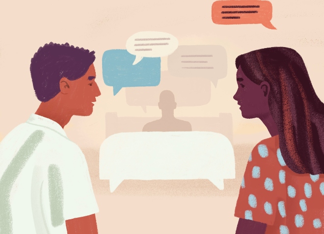 illustratie van mannelijke verpleegkundige met een vrouw over cliënt die in bed ligt en palliatieve sedatie zal krijgen.
