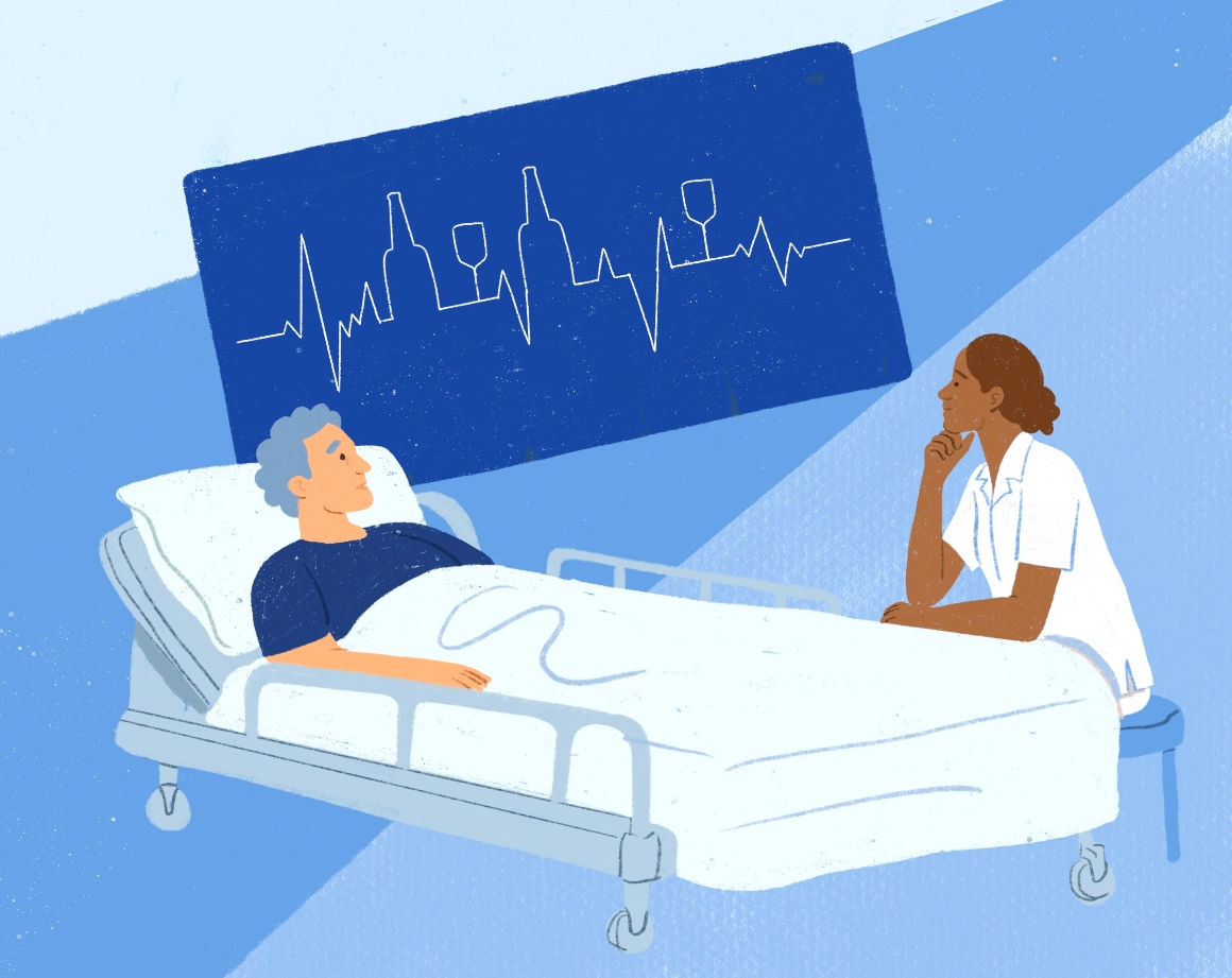 illustratie van verpleegkundige naast het bed van een patiënt met alcoholverslaving