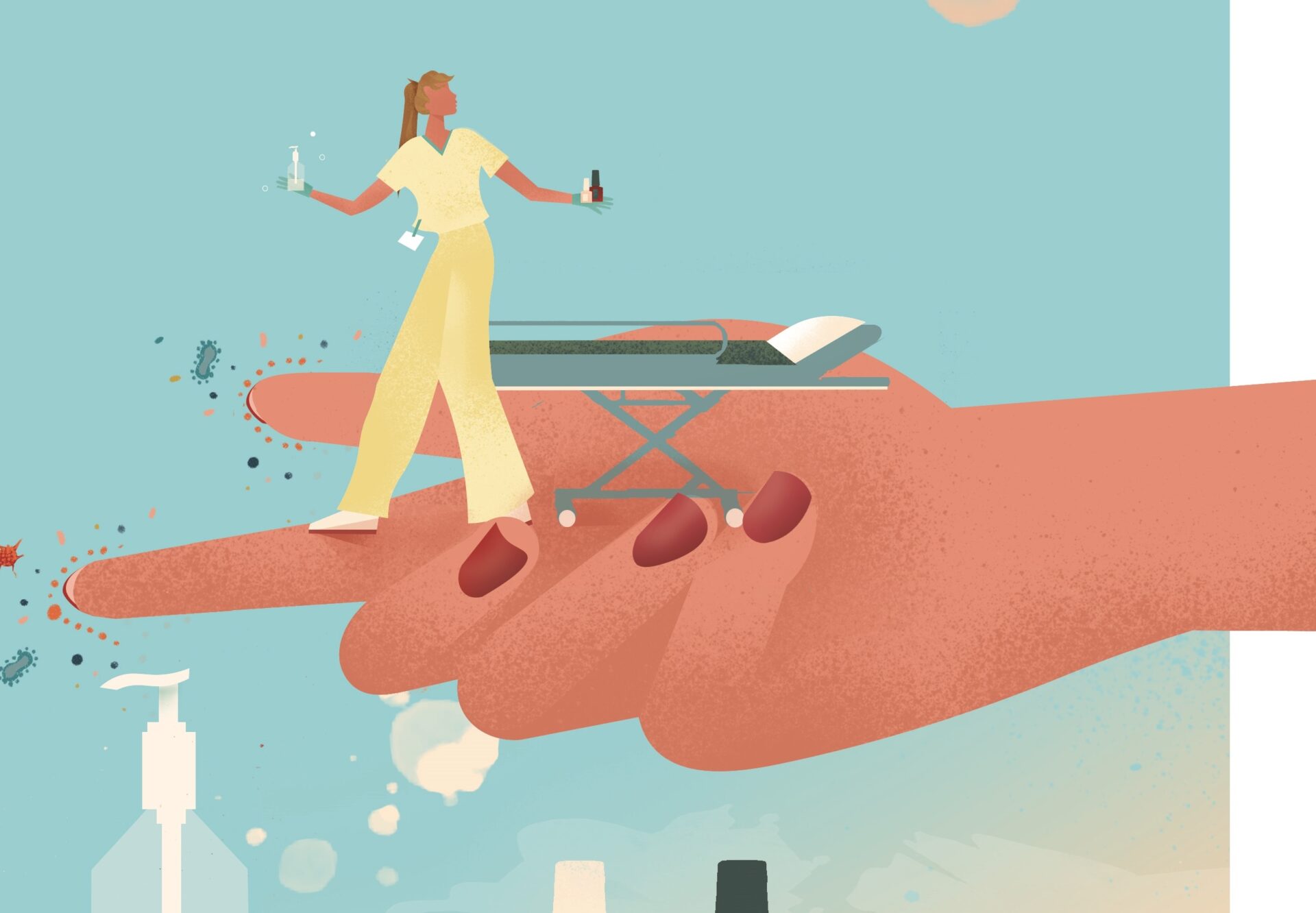 Illustratie van een verpleegkundige die in haar ene hand een potje nagellak heeft en in de andere hand een potje desinfectiegel. Ook is er een grote hand in beeld met rode nagellak.