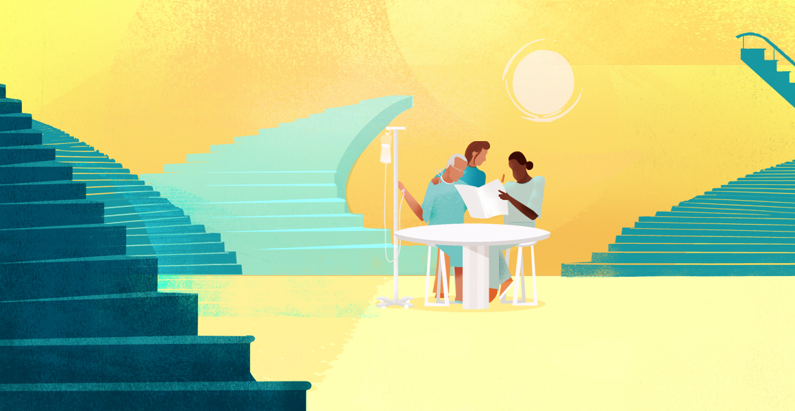 voor proactieve zorgplanning zitten een verpleegkundige en een patiënt aan een tafel te praten in een geel/groen. decor