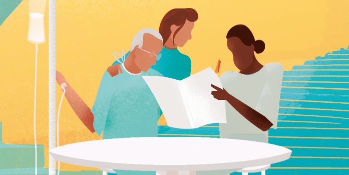 Een mannelijke en vrouwelijke verpleegkundige bespreken aan tafel proactieve zorgplanning met een patiënt.